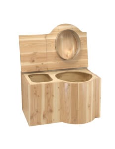 Humustoilette aus Holz Douglasie lackiert, Modell "Schmetterling", inkl Einstreubehälter 33 Liter. Sitz RECHTS - Toilette und Einstreukiste offen