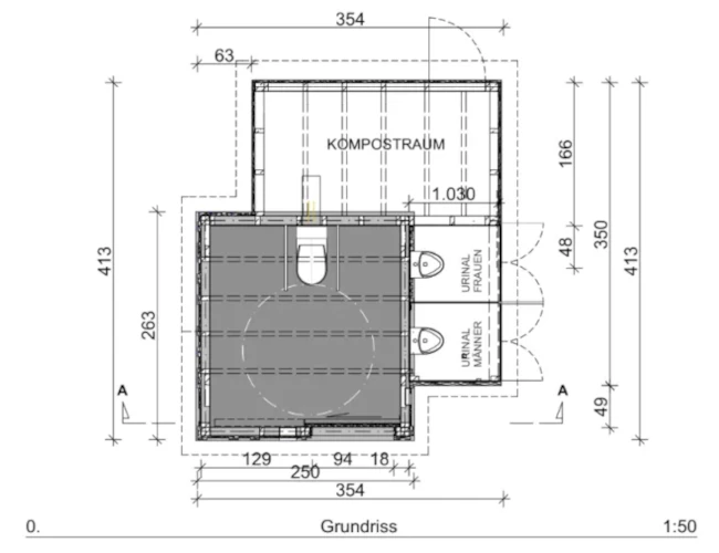 KUBUS-Gross-Grundriss mit 1 barrierefreier Toilette und 2 Pissoirs, detaillierter Plan für eine Sanitäreinheit