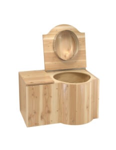 Komposttoilette "Schmetterling" aus Holz Douglasienholz, lackiert. Mit Einstreubehälter 33 Liter. Sitz RECHTS - Toilette offen -