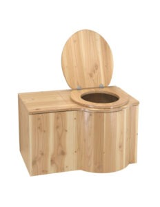 Komposttoilette Modell "Schmetterling" aus Holz Douglasie, lackiert. Inkl Einstreubehälter 33 Liter. Sitz RECHTS - Toilettenbrille offen