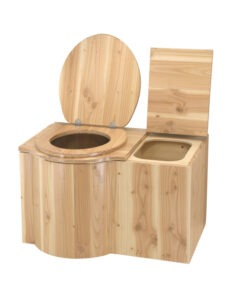 Komposttoilette Modell "Schmetterling" aus Holz Douglasie, mit ökologischem Lack lackiert, inkl Einstreubehälter 33 Liter. Sitz links - Einstreukiste geöffnet