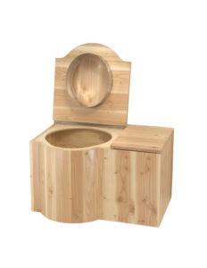 Komposttoilette "Schmetterling" aus Holz Douglasie lackiert öko, inkl Einstreubehälter 33 Liter. Sitz links - Toilette zum Eimerentnahme geöffnet -