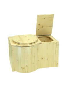 Komposttoilette "Schmetterling" aus Fichte, Sitz links. Mit öko-Lack lackiert. Einstreukiste geöffnet