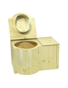 Komposttoilette "Schmetterling" aus Holz Fichte, Sitz links. Lackiert mit öko Lack. Toilette geöffnet zum Eimer entnahme