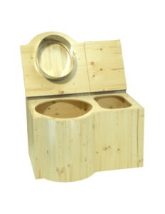 Komposttoilette aus Holz Fichte mit öko-Lack lackiert. Modell Schmetterling, Sitz links. Toilette und Einstreukiste geöffnet