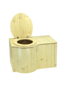 Komposttoilette Modell Schmetterling aus Holz Fichte, Sitz links, lackiert. Toilettendeckel geöffnet
