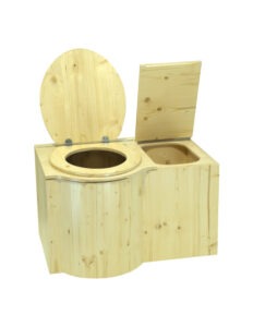 Komposttoilette Modell Schmetterling aus Holz Fichte, Sitz links, lackiert. Toilettendeckel und Einstreukiste geöffnet