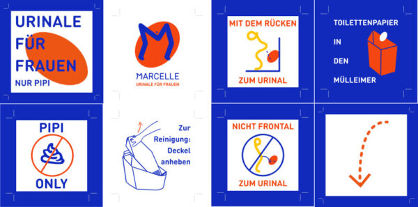 MARCELLE Urinal - Beschilderung Überblick 8 Schilder