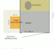 Skizze · Toilettenhäuschen WIESE Sonderbau III · Maße 120 x 140 cm, Handwaschbecken aussen mit Überdachung