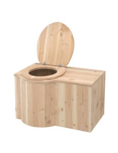 Trockentoilette "Schmetterling" aus Douglasienholz unbehandelt mit Einstreubehälter 33 Liter. Sitz links - Toilettenbrille geöffnet