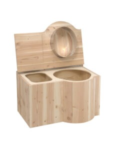 Trockentoilette aus Holz Douglasie unbehandelt Modell "Schmetterling" inkl Einstreubehälter 33 Liter. Sitz rechts - Toilette und Einstreukiste geöffnet -
