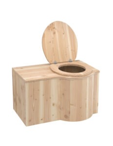 Trockentoilette aus Holz Douglasie unbehandelt, Modell "Schmetterling". Innentoilette inkl. Einstreubehälter 33 Liter. Sitz rechts - Toilettendeckel geöffnet -