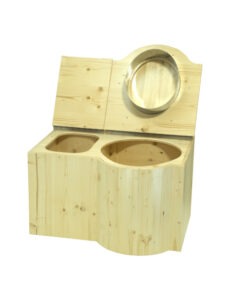 Trockentoilette Modell "Schmetterling" aus Holz, Fichte lakiert. Sitz rechts. Einstreubehälter und Toilette geöffnet