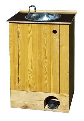 Handwaschbecken aus Holz, mit Spüle aus Edelstahl, mit Fusspumpe