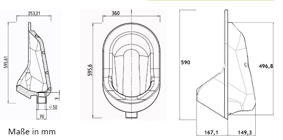 Wasserloses Urinal aus PE - technische Zeichnung mit Maße