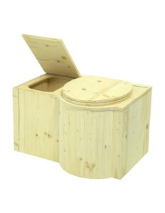 Biotoilette aus Holz Fichte, öko. Modell Schmetterling Einstreubehälter geöffnet. Sitz rechts. Handarbeit
