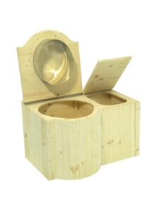 ökotoilette aus Holz, öko. Modell Schmetterling Sitz und Einstreubehälter geöffnet. Sitz links