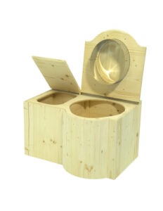 ökotoilette aus Holz, öko. Modell Schmetterling Sitz und Einstreubehälter geöffnet. Sitz rechts