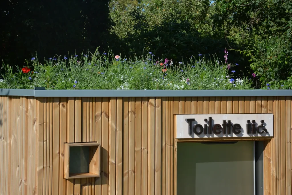 Barrierefreie Toilettenanlage KUBUS aus Holz mit natürlichem Gründach voller Wildblumen und bunter Wiesenblüten, Beschilderung „Toilette Herren Damen Person-im-Rollstuhl“ und kleiner Lichtlücke – ökologisch und einladend im Grünen