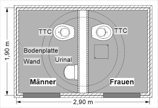 Öffentliche Toilettenanlage mit GOLDGRUBE - 1 Toilettenraum für Frauen und 1 Toilettenraum für Männer mit Urinal